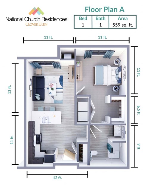 Floor plan for 1 bed, 1 bath, 702 sqft